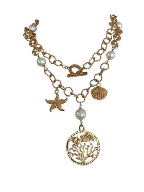 Bijoux Cascio Womens Gold Plated Ocean Themed Long Chain Necklace Pearl Italy